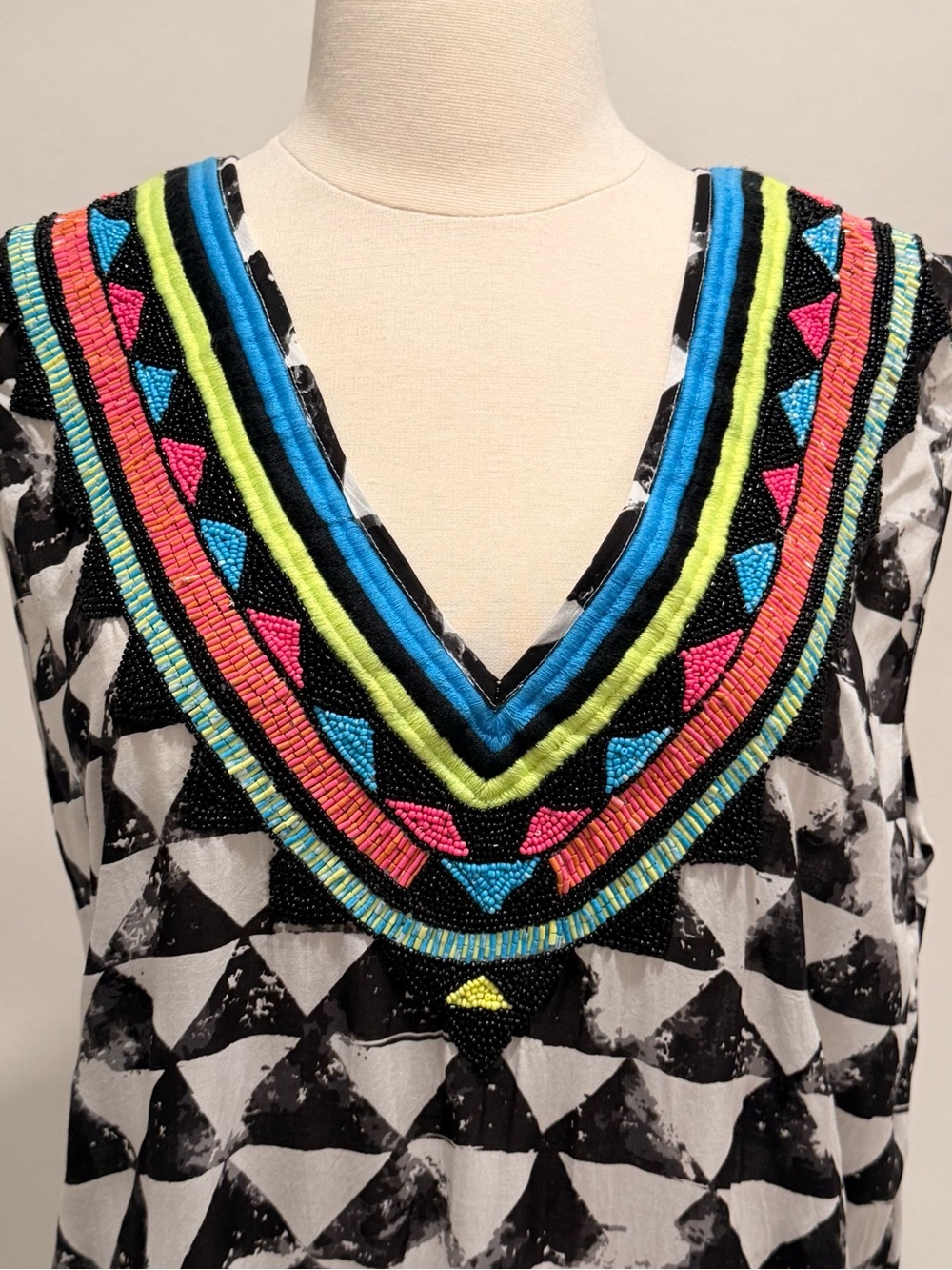 MARA HOFFMAN SWIM Black White Printed Beaded Neckline Maxi Dress M - Picture 3 of 4